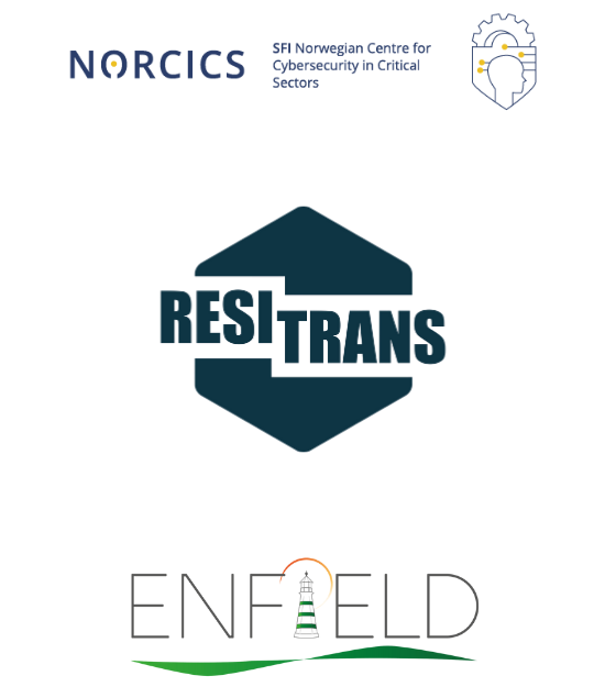 Forskningssenter logoer, NORCICS, ResiTrans og ENFIELD