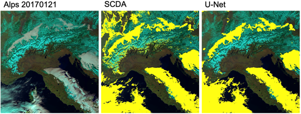 Skyfjerning i Alpene. Til venstre vises satellittbildet i falske farger for å forbedre skille mellom skyer og snø. Bildet i midten viser skydekket i gult basert på en konvensjonell algoritme, mens bildet til høyre viser skyfjerning med dyp læring. Bilde: NR.