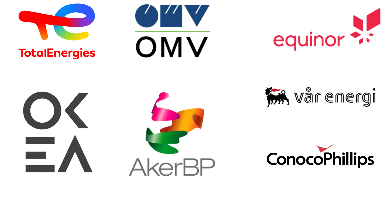 Oversikt over alle partnere i GIG med logo. ConocoPhillips, OKEA, Vår energi, Equinor, Total Energies, AkerBP, OMV