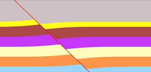Bildet viser linær forkastning i form av mange streker i ulike farger.