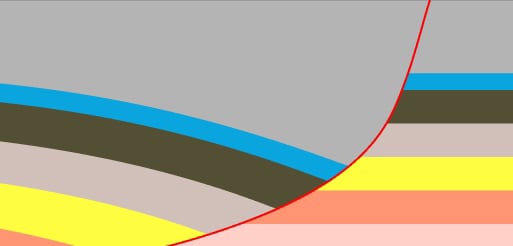 Figuren viser linære forkastninger i form av ulike fargede streker og brudd.