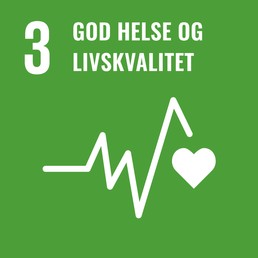 Bildet viser en enkel grafikk av FNs bærekraftsmål nummer 3: God helse og livskvalitet. Dette er skrevet i hvite blokbokstaver. Under teksten er en enkel illustrasjon av hjertefrekvens og det er et hvitt hjerte til høyre av streken.