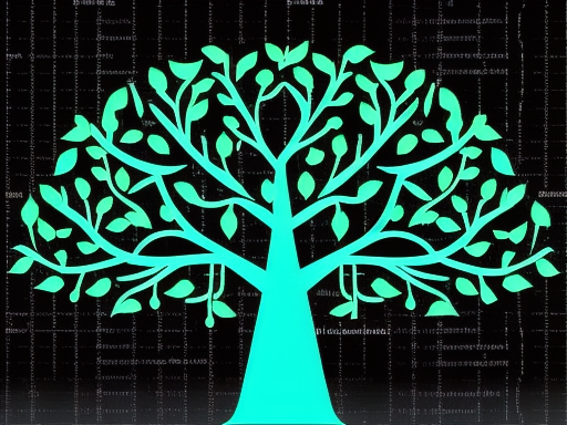 A simple illustration representing a decision tree. The tree is bright green against a black backdrop, There is madeup code in the background. The image has been generated with AI.