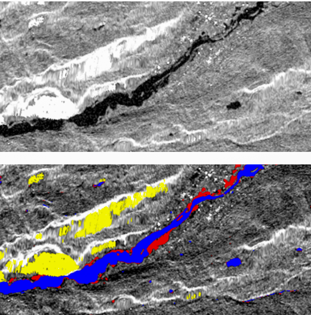 Sentinel 1 radar images of flood mapping based on FM4CS foundation model. Regions in red show flooded areas, while the normal area covered by water is shown in blue. Regions in yellow mark radar artifacts (layovers and shadows).