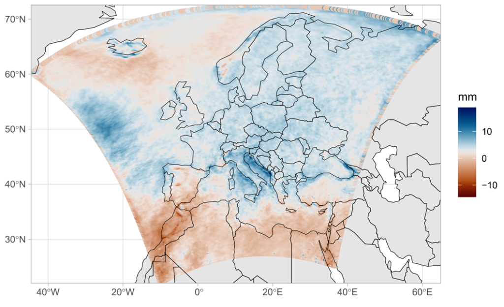 Gjennomsnittlig nedbørsøkning for årets våteste dag, når klodens snitt-temperatur øker fra 1°∁ varmere enn i førindustriell alder til 3°∁ varmere enn i førindustriell alder.