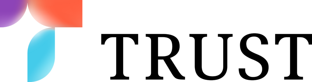 TRUST i sorte bokstaver. Rød, blå og lilla mønster til venstre.