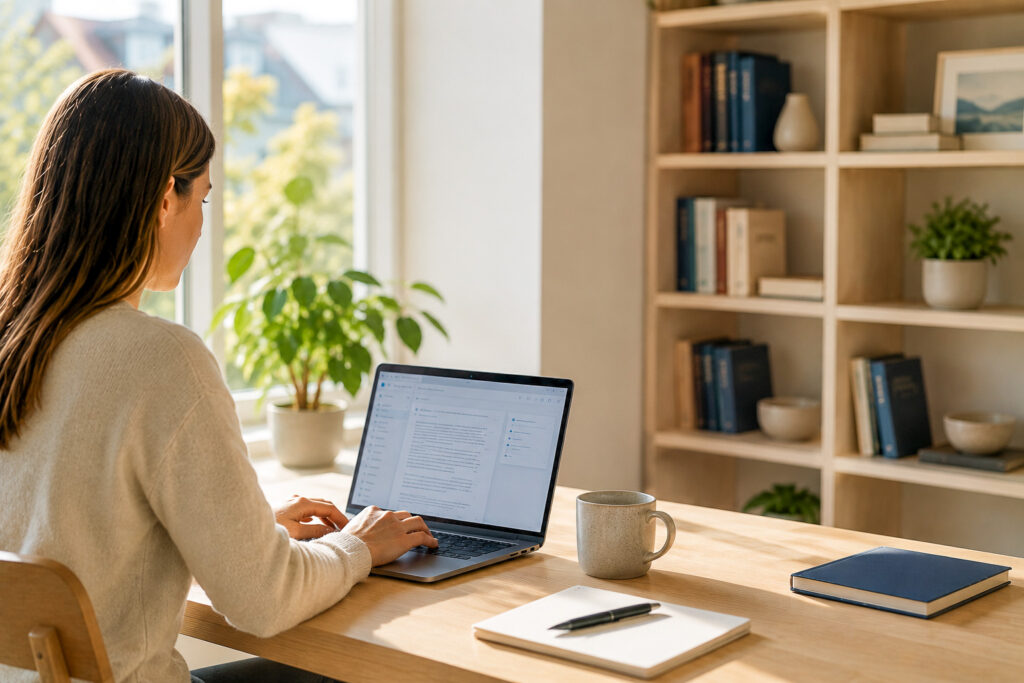 En kvinne sitter ved en laptop. Moderne lokaler, bokhylle i bakgrunn
