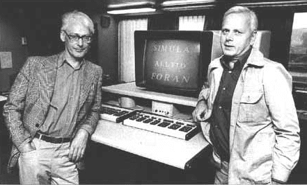Ole-Johan Dahl and Kristen Nygaard pose in front of a computer displaying SIMULA, the first object-oriented programming language. 
