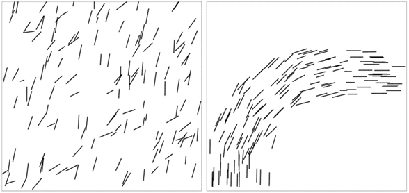 To square illustrations next to each other. The faults are drawn as black lines across a white surface. To the left they are scattered randomly, in the right illustration they form a curve for the right.