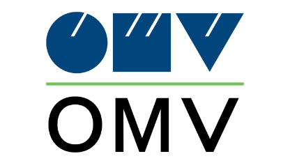 OMV logo - OMV written in blue block letters, a green horizontal line, and OMV written in black capitals