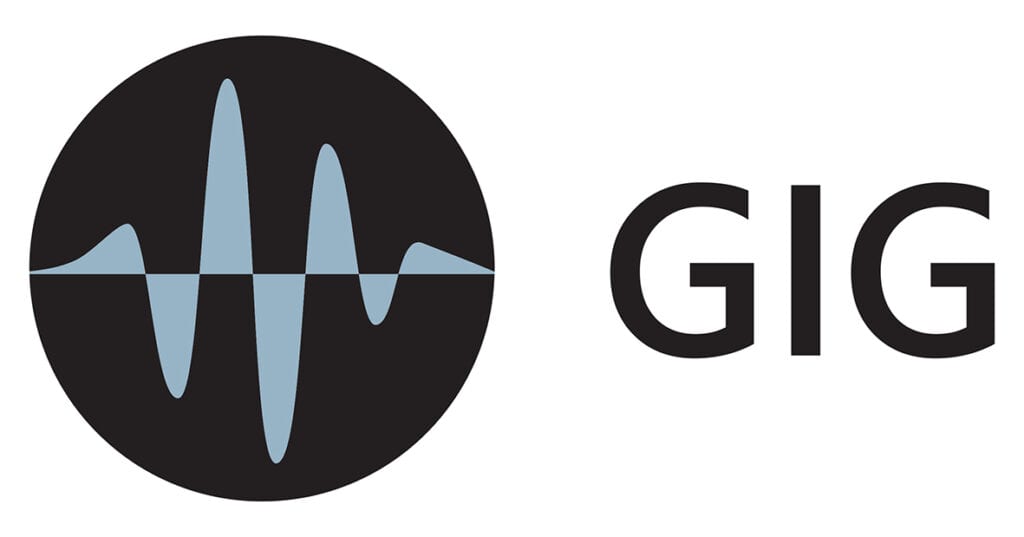GIG logo in black capitalised font. The visual logo is a black circle with grey markings illustrating a horizontal graph