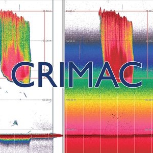 CRIMAC is written in capital letters and blue font. Behind coloured graphs are visible. The colours are blue, green, yellow, pink and red. 