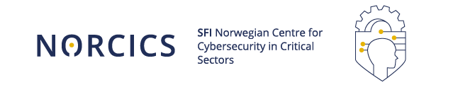 Blue NORCICS logo against white surface. "SFI Norwegian Centre for Cybersecurity in critical sectors" is written in blue font. Next to it, an illustration of a  person integrated into a shield is featured.