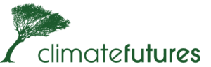 Climate Futures logo on white background. The logo spell Climate Futures in green font and there is a small green tree abouve the lettering.