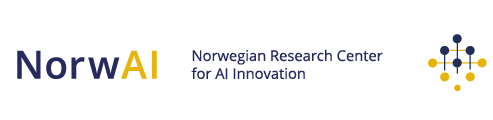 Blue and yellow NorwAI logo against white background. "Norwegian Research Center for AI Innovation" is written in blue font. Next to it a blue and yellow graphic of data nodes is featured.