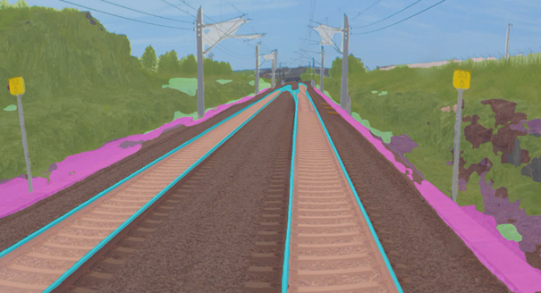The image shows an image of two railway tracks in a rural area surrounded by green banks and green skies. The image features mapping techniques in different colours to show which elements in the image are being assessed. 