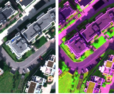 The image is split in two sections. The left side shows a standard aircraft image of a urban development area. The other section shows the same photo with hyperspectral imaging.