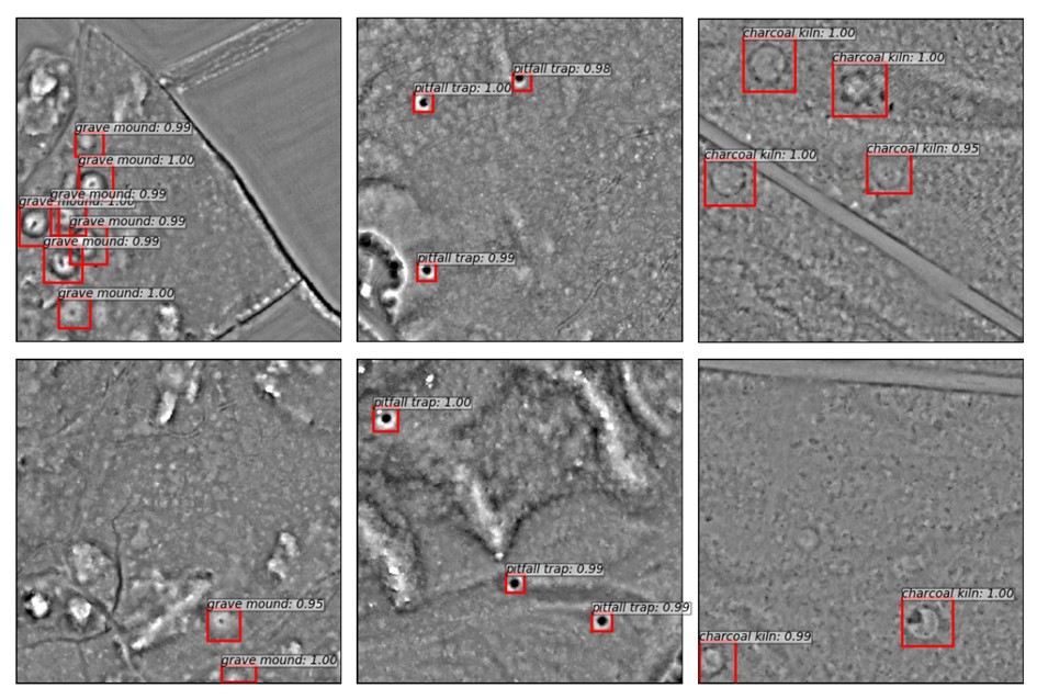 The image features six laser scanning images with detected cultural heritage indicated in red.