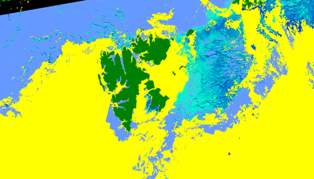 The figure shows a satellite image of Svalbard. Land is marked in green, clouds are marked in yellow and open water and ice is marked in dark and light blue respectively. Underneath the image there are parametres included, indicating ice thickness estimation. To exemplify, the ice is estimated to be around 25 cm thick off the est coast of the island when this image was retrieved.