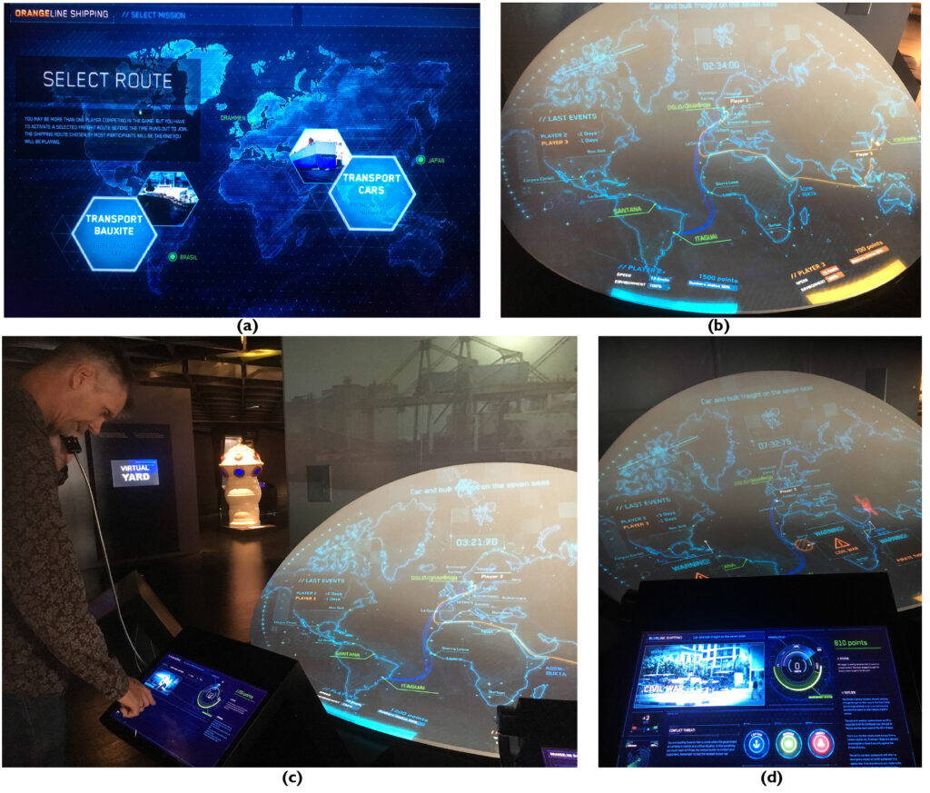 The figure shows four images from Highway of seas, an earlier exhibition at the Norwegian Maritime Museum. The four images show interactive maps, lit up in green against a black screen. In the bottom left image a man is seen interacting with the installation.