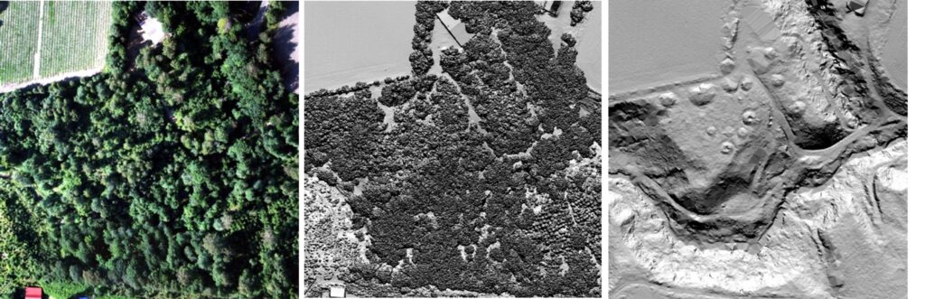 Three images positioned horizontally showing the same area with different airborne sensors, ultimately revealing previously undetected grave mounds,