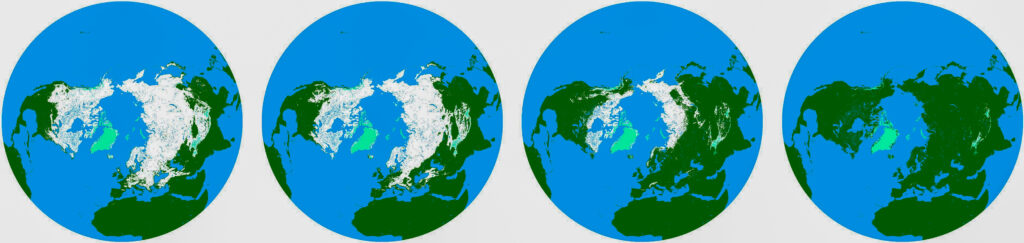 Four illustrated globes in a row showing the nothern hemisphere in white and rest of the land mass in green. The ocean is blue.