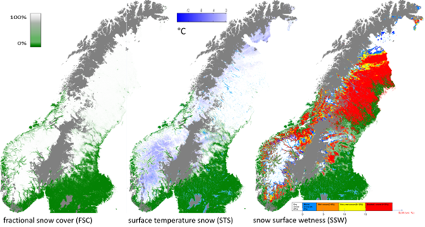 The figure shows three maps of Norway and Sweden with different elements colour coded depending on snow cover and terrain. The information has been retrieved from satellite data.