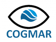 The image shows  the COGMAR logo in blue, capitalised font. The logo is shaped like an eye and there are three waves inside the outline.