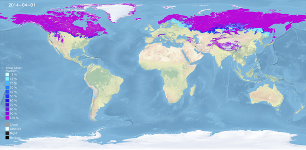 The image is a global map depicting snow cover across various continents. Areas in the northern regions, typically covered by snow are marked in purple.