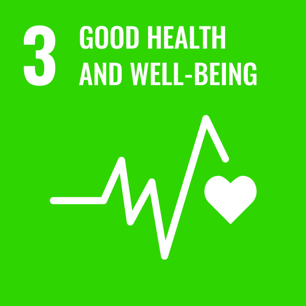 The image is a simple graphic of the UN's Sustainable Development Goal 3: Good health and well-being. The goal is written in white capital letters. Underneath is a simple illustration of a heartbeat line with a white heart to the right of the graph.