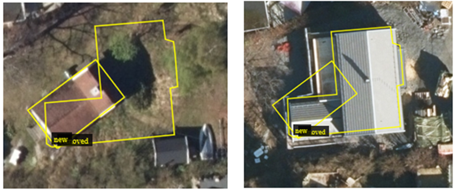 The photo shows two aerial images of buildings side by side . The areas delimited by buildings are outlined in yellow.