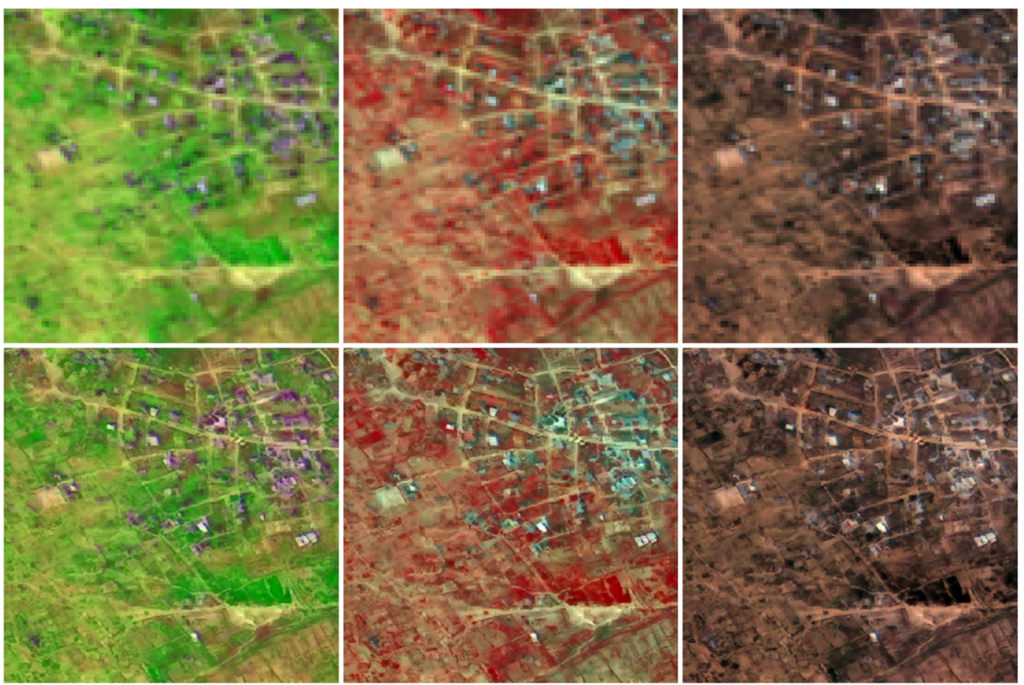 Six satellite images displaying how resolution is improved with diffusion models. The colours range from green, red to brown.