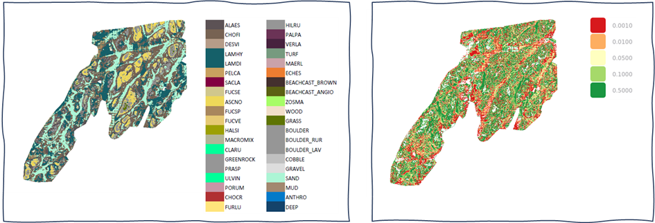 Two images side by side showing regional coastal mapping. Various elements and features are distinguished by colours.