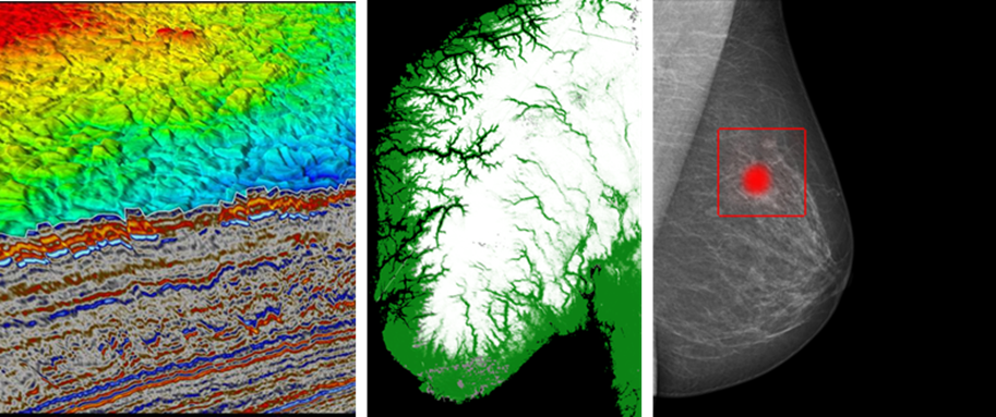 Three images displayed DL capabilities. The first image is an interpretation of seismic data and is shown in layered colours, the second is snow map of Norway, the third is an x-ray of a breast showing breast tissue and a localised area marked in red where there may be a potential abnormality.