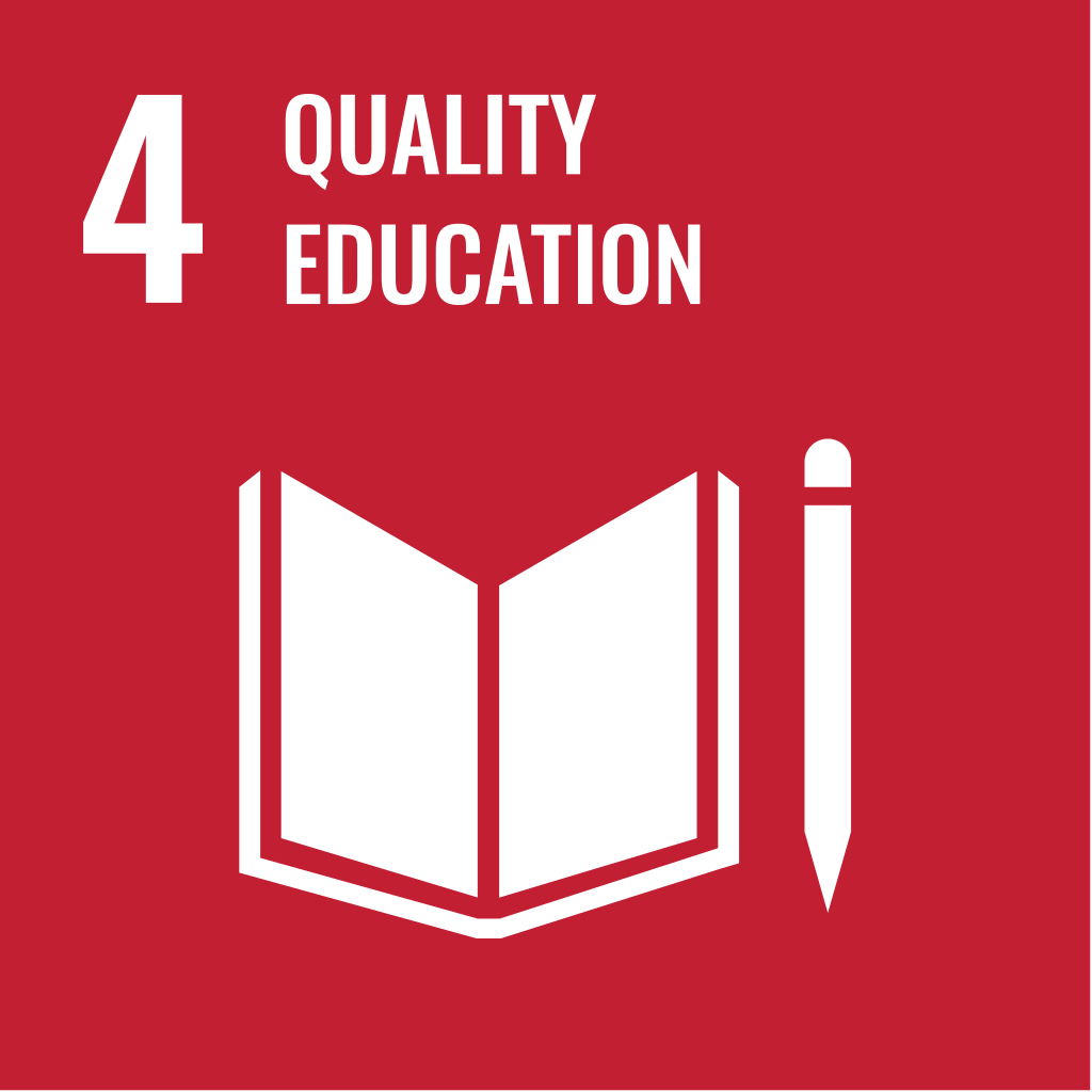 The images shows a red and white graphic of the UN's sustainability goal 4. It features the number 4, "Quality Education" in white font and a simple graphic of an open book and a white pencil.