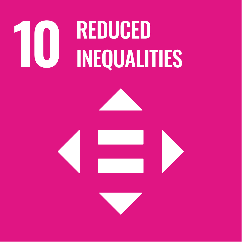 The image is a graphic of the UN's sustainbility goal 10: Reduced Inequalities. It features the number 10 and "Reduced Inequalities" in white font and a simple white graphic of four arrows going in different directions and two horizontal white lines in the middle. The background of the entire graphic is bright pink.