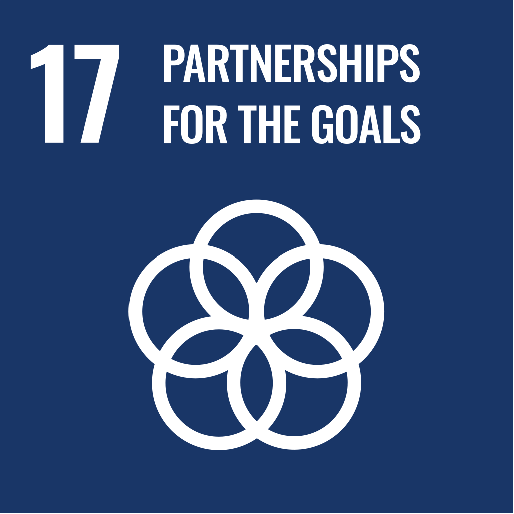 The image is a graphic of the UN's Sustainable Development Goal 17: Partnership for the Goals, which is written in white font on a dark blue background. In addition there is a simple white illustration of white overlapping circles, shaped like a flower.