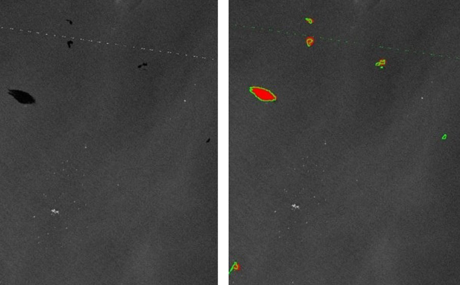 Two satellite images side by side showing an oil spill in the ocean. The spill is highlighted in red and yellow tones against a black-and-white background, indicating areas of varying intensity.