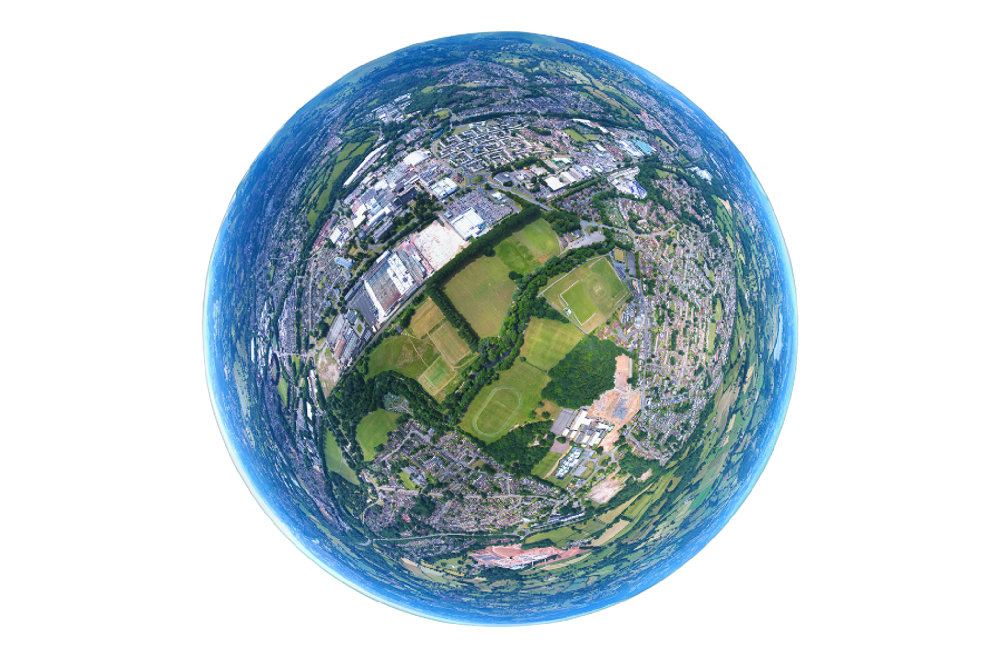A stylised high-altitude view of the Earth, showing a mix of urban areas, farmland, and forest, viewed with a fisheye effect to resemble a globe.