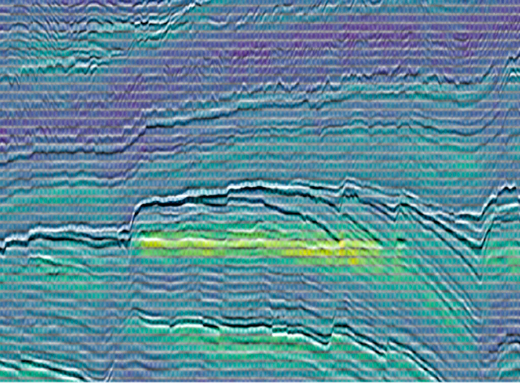 Visualisation of a seismic foundation model with color codes, used for interactive mapping of oil–gas contact at the Troll field.