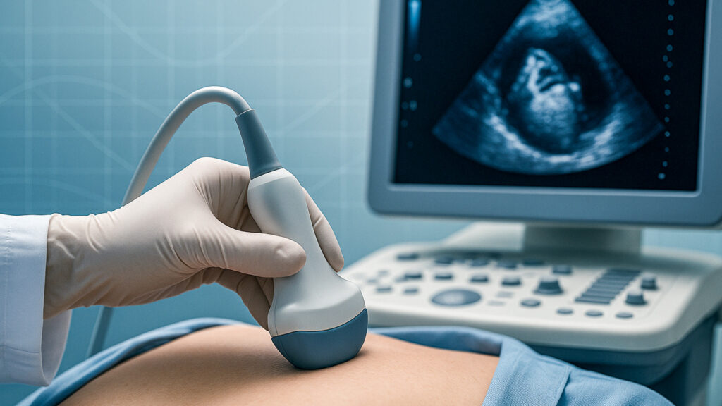Close-up of an ultrasound. A hand is seen holding the probe on a non-descript chest. In the background a screen featuring the image is shown. AI-generated image.
